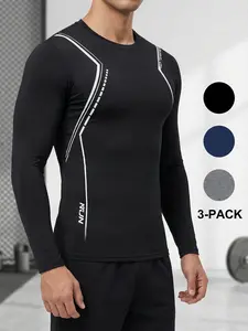 3-Piece Set Men's Solid Round Neck Long Sleeve Sports Tee 20245New Style Quick Drying Breathable Compression T-shirt Fitted Silhouette for Gym Workout Running Athletic Top Quick-Dry Comfortable Long-Sleeve Polos