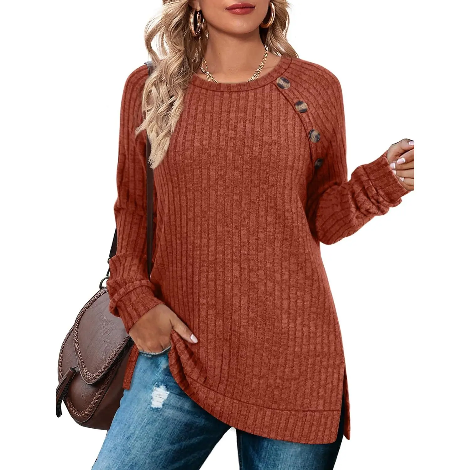Women's Basic Long Sleeve Knit Tunic Sweater - Crewneck, Button Decor, Side Split, Fitted, Beige, Minimalist, Breathable, Soft Garment, Casual Everyday Wear for Jeans/Skirts, Winter Pullover Blouse, Comfortable, Crew Neck