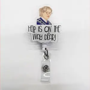 Acrylic Badge Reel with Help Is on the Way Dear Quote, Unique Character Design, Office ID Holder, Essential for Workplace Professionals, Badge Reels Retractable