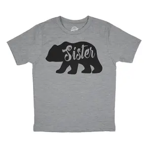 Youth Sister Bear T shirt Cute Funny Cool Camping Family Tee for Little Sister Funny T Shirts Funny Sister Short Sleeve Novelty Tees for Kids Light Grey
