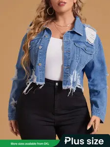 Plus Size Women's Ripped Denim Jacket Coat, Casual Fashion Vintage Long Sleeve Outerwear with Pockets, Spring & Fall Street Style Jeans Jacket for Ladies