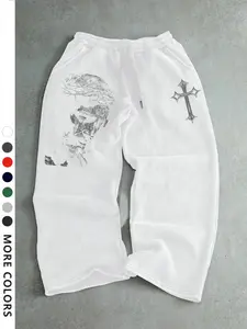 Men's Casual Sporty Long Pants, Jesus & Cross Pattern Print, Drawstring Wide Leg, Loose Fit, All Seasons, Natural Waist