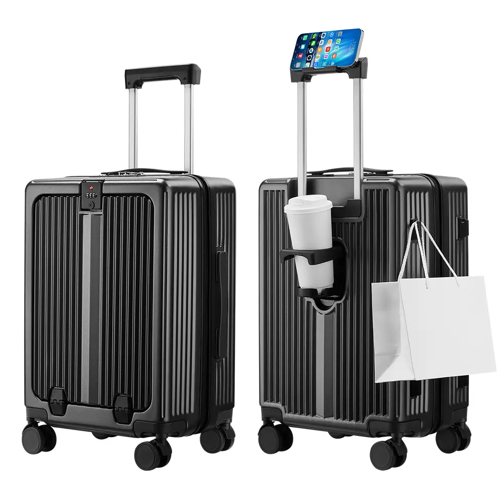 20" Hardside Carry On Luggage - PC+ABS Scratch-Proof Shell, Built to Last, 4 360° Silent Roll Wheels, Lightweight, Anti-Theft Password Lock, Airline-Compatible, 41L Smart Bag with USB Charger & Phone Cup Holder (Black/White/Gray)