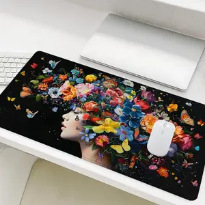 Abstract Flower Girl Pattern Mouse Pad, Large Gaming Mouse Pad, Office Desk Accessories, Non-slip Rubber Base Stitched Edge Desk Pad for Laptop Desktop, Gaming Desk Accessory