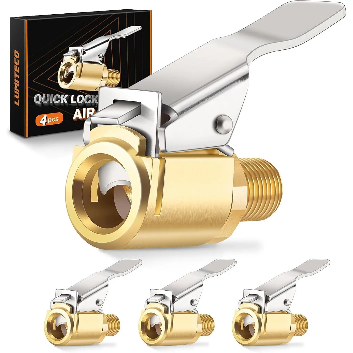 4-Pack Brass Clip-On Air Chuck Quick Connect - Leakage-Free Tire Inflator Nozzle Adapter for Bikes/Tires, Locks Securely to Schrader Valve, Simple Hook-Up Locking Connection Conversion