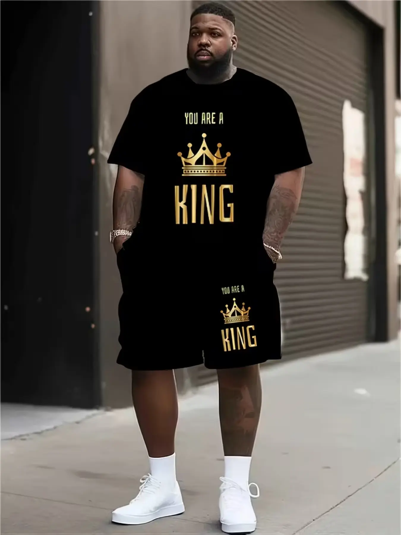 Men's King Print Casual Set, Round Neck Top & Track Shorts, Loose Fit, Comfortable for Home, Outdoor, Party, All Seasons