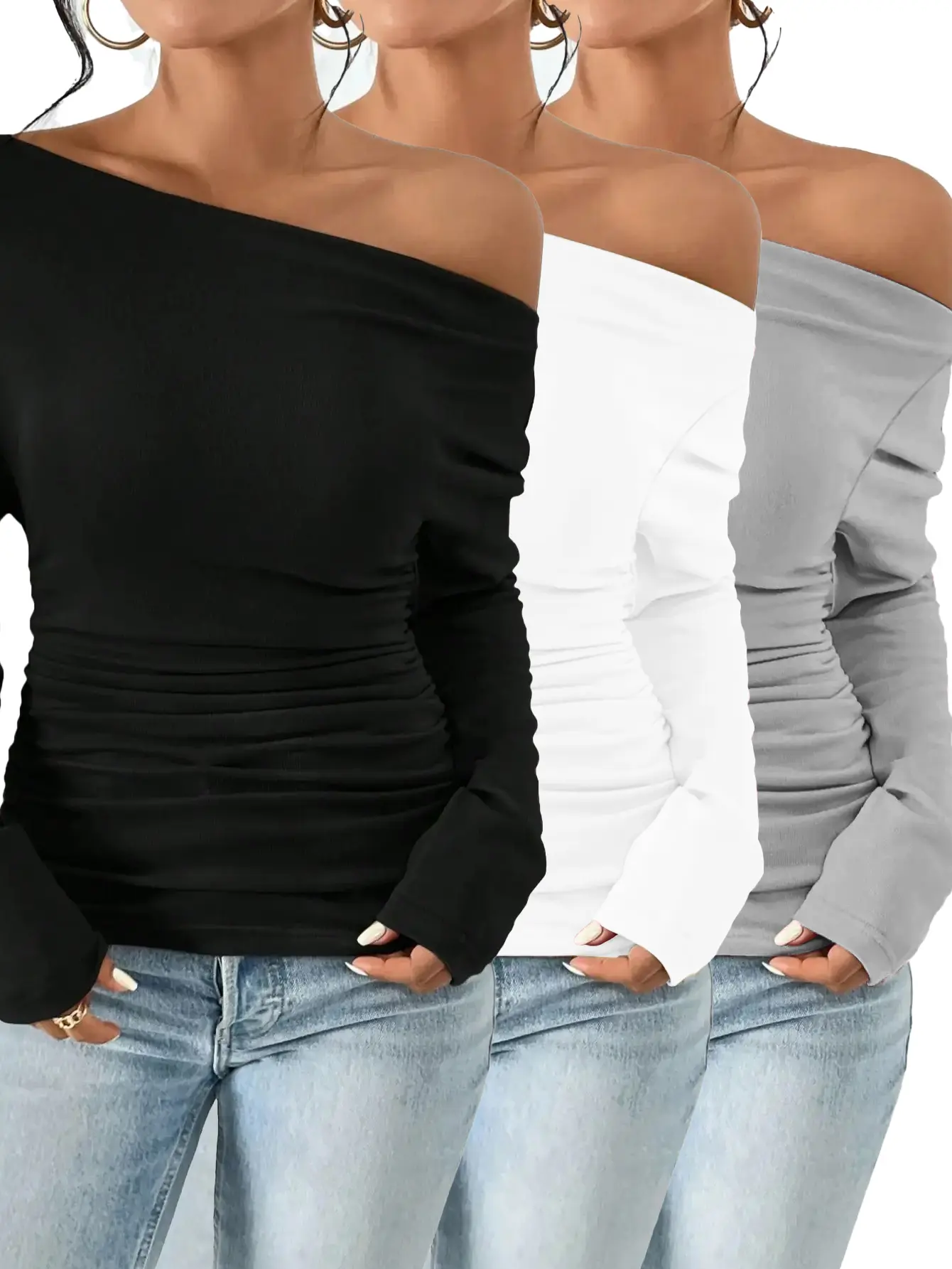 ASANDY Women's Elegant Minimalist Polyester Ruched Asymmetrical Neck Drop Shoulder Long-Sleeve Casual T-Shirt, 3-Piece Basic Plain Top Tee for Spring & Fall Daily Outfits