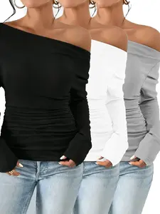 Women's Plain Ruched Asymmetrical Neck Drop Shoulder Tee, Casual Long Sleeve T-Shirt for Spring & Fall, Women's Top for Daily Wear Fit Womenswear cute fall outfits office outfits women scrub long sleeve 3 PCS