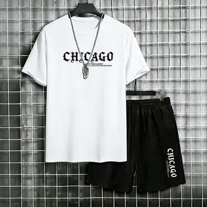 Men’s 2-Piece Chicago-themed graphic outfit set — casual short-sleeve T-shirt and comfortable athletic shorts; retro urban streetwear summer tracksuit for everyday wear and a casual look, Plain, Menswear, Crew Neck