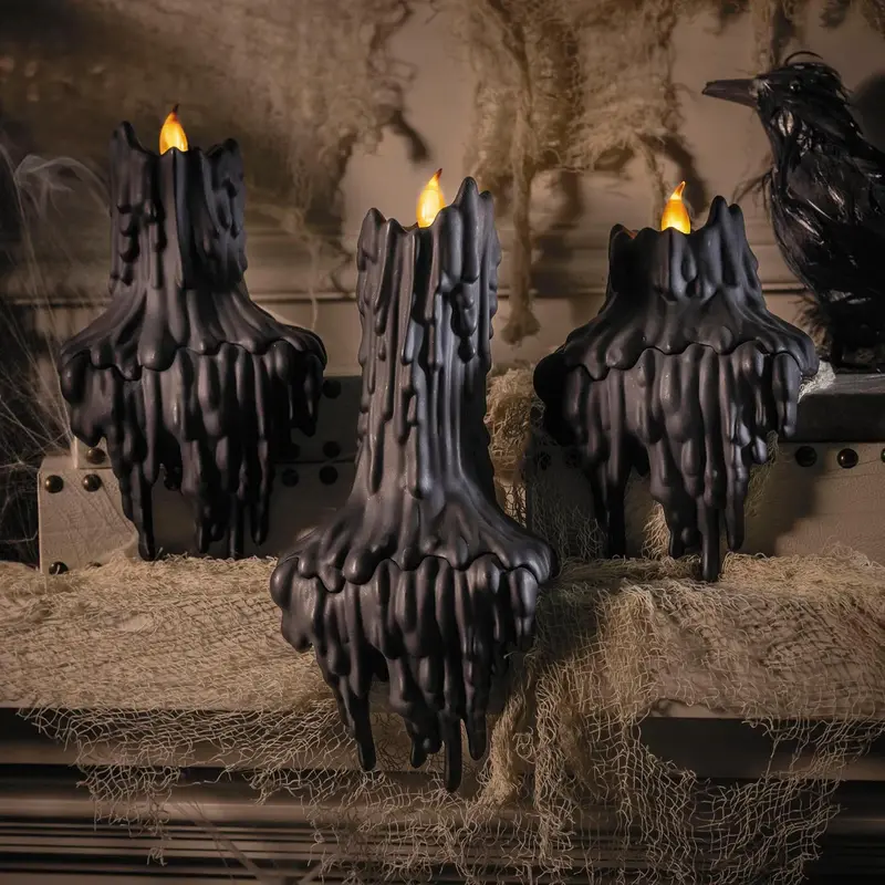Light-Up LED Melting Black Plastic Candles Halloween Decoration - 3 Pc.