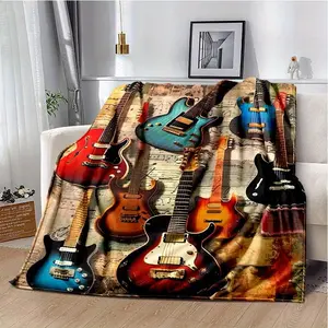 1pc Microfiber Vintage Guitar Plush Blanket, Lightweight Warm Flannel Throw for Sofa, Bed, Bedroom, Picnic, Travel, All-Season Comfort, Stylish Music Instrument Design-280GSM