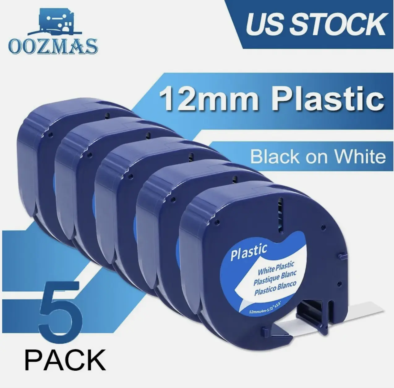 5PK Compatible Dymo LetraTag Refill 91331 Plastic White Label Tape 12mm LT-100H