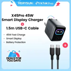 Verysun 45W Fast Charging USB-C Charger with LED Display, 1.5 m USB-C to USB-C Cable Included, Switchable Charging Modes for Battery Health, Compact Foldable Plug, All-in-One for iPhone, Samsung, iPad, MacBook, Summerwins, FathersDayGift