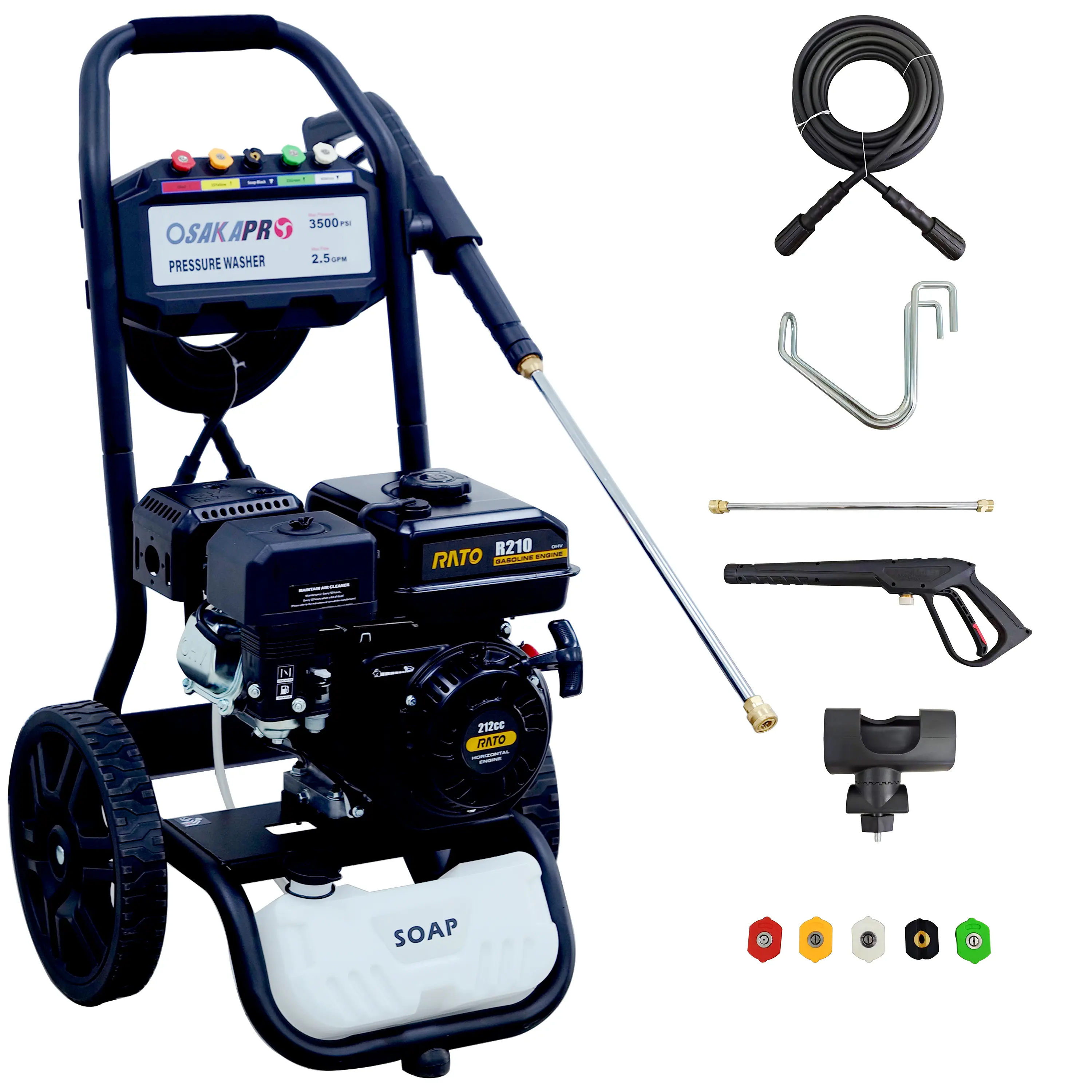 OSAK APR Gas Pressure Washer, 3500 PSI 2.5 GPM 212CC RATO Engine with Recoil Start, 12in Wheels, 5 Nozzles, Abrasion-Resistant Hose, Onboard Soap Tank, Spray Gun, Wand, 30ft Reach, Black Model for Deep-Cleaning Exterior Walls, Decks, Patio Furniture