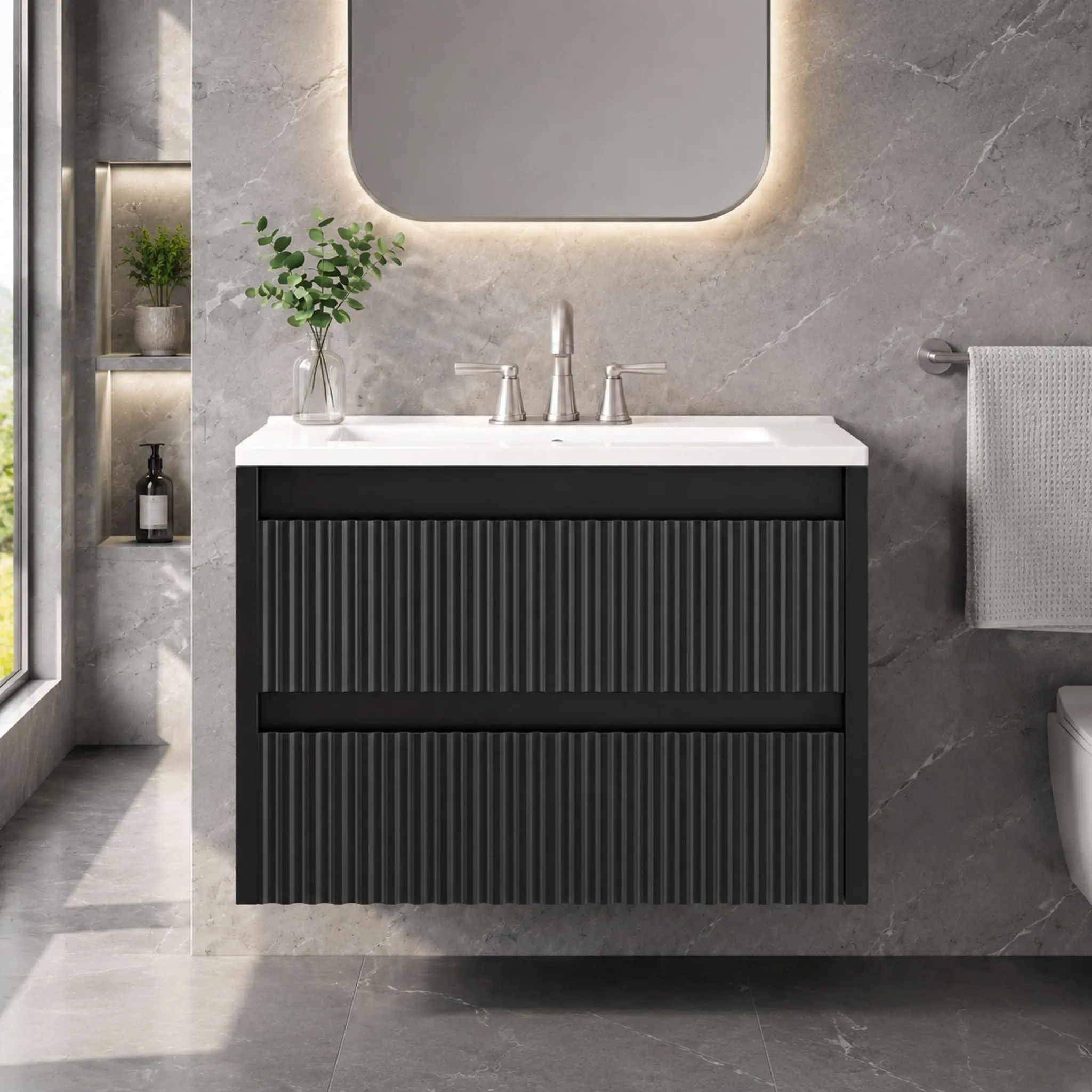Gaomon 24-Inch Black Wall-Mounted Vanity, Fluted Texture Engineered Wood Floating Cabinet with Soft-Close Hinges & Integrated Ceramic Sink, Modern Bathroom Storage Unit for Decor