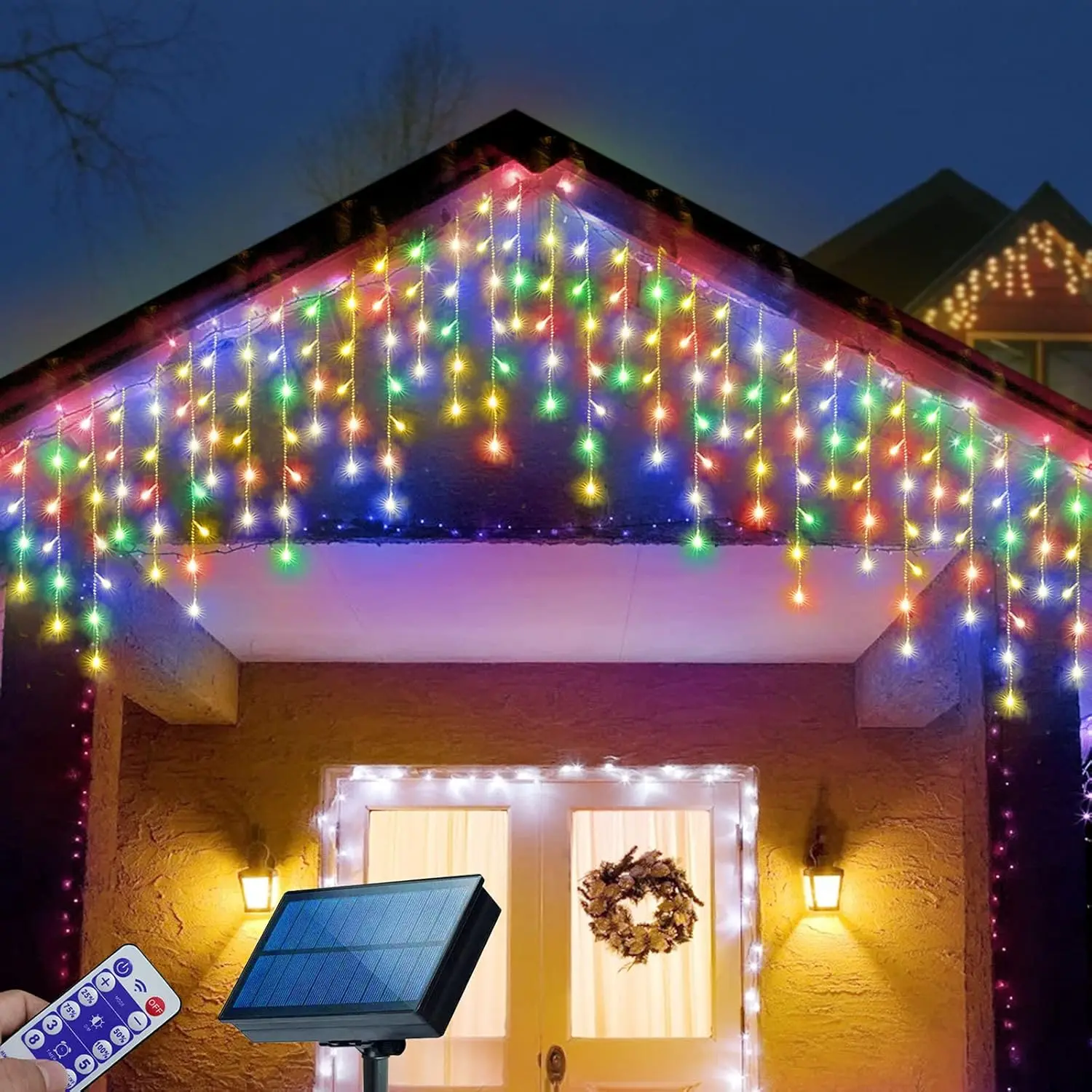 304 LED Solar Christmas Lights, Multicolored Outdoor Icicle Lights, 8 Modes  Solar  String Lights for Xmas Tree Patio Yard Garden Wedding Party House Eaves Roof Decorations