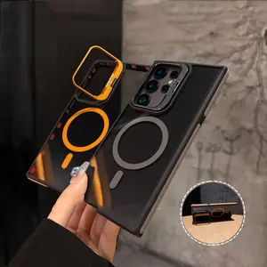 Full Body Shockproof Phone Case with Invisible Lens Stand & Anti-Slip Edge for Samsung S26 Ultra/S25 Ultra/S24 Plus, HD Transparent Black, Magnetic Wireless Charging