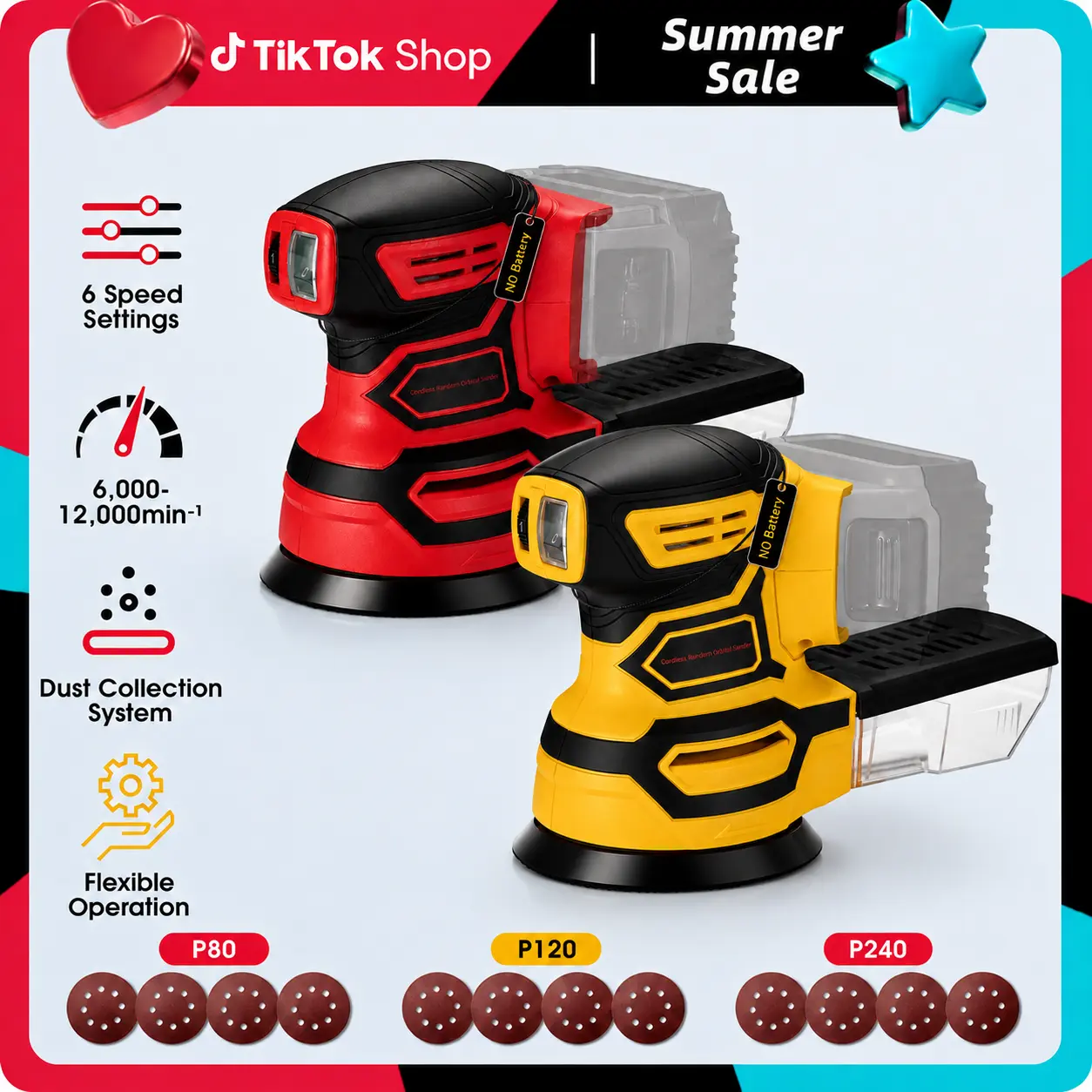 【No Battery】Cordless Random Orbital Sander, Brushless Electric Sander, 6-Speed (6K-12K RPM), 5 inches Pad, Dust Collection, 12PCS Sandpapers (#80*4/#120*4/#240*4), Compatible with Milwaukee 18V/DEWALT 20V Battery, for Wood, Metal Sanding & Paint Removal