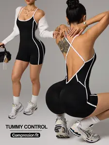 Women's Sleeveless Slim Fit Sports Jumpsuit, Waist Cinched Design, Unique Cut, Pure Color, Back Crossed, Indoor & Outdoor Wear