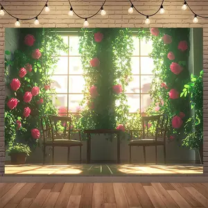 1pc Festive Decoration Backdrop Tapestry Jungle green plants and pink roses Premium Soft Polyester Fabric Suitable For Various Occasions Storewide