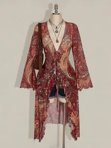 ICON Plus Size Sexy Retro Bohemian Style Western Girl Vacation Music Festival Top: Red Paisley Print Top With Front Bow Tie And Sheer Mesh V-Neck Flared Sleeves/Winter Top