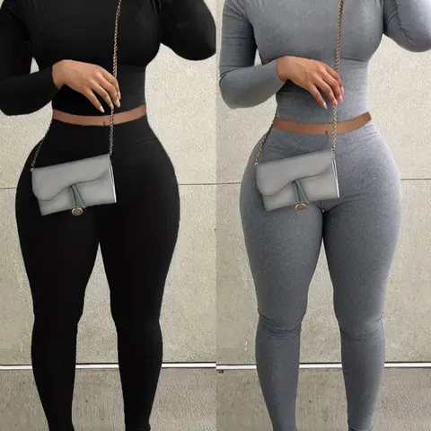 Women's Casual Long Sleeve Crop Top & Leggings Set, long johns, pantsuit, Plain Pattern, Fitted Design, Spring & Fall Fashion, Two-Piece Sportswear, Yoga Clothes Set, Workout Sets Women, Sports Outfit