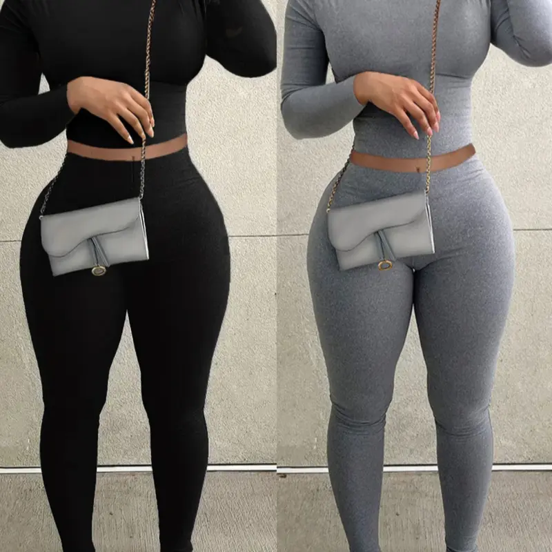 Women's Casual Long Sleeve Crop Top & Leggings Set, long johns, pantsuit, Plain Pattern, Fitted Design, Spring & Fall Fashion, Two-Piece Sportswear, Yoga Clothes Set, Workout Sets Women, Sports Outfit