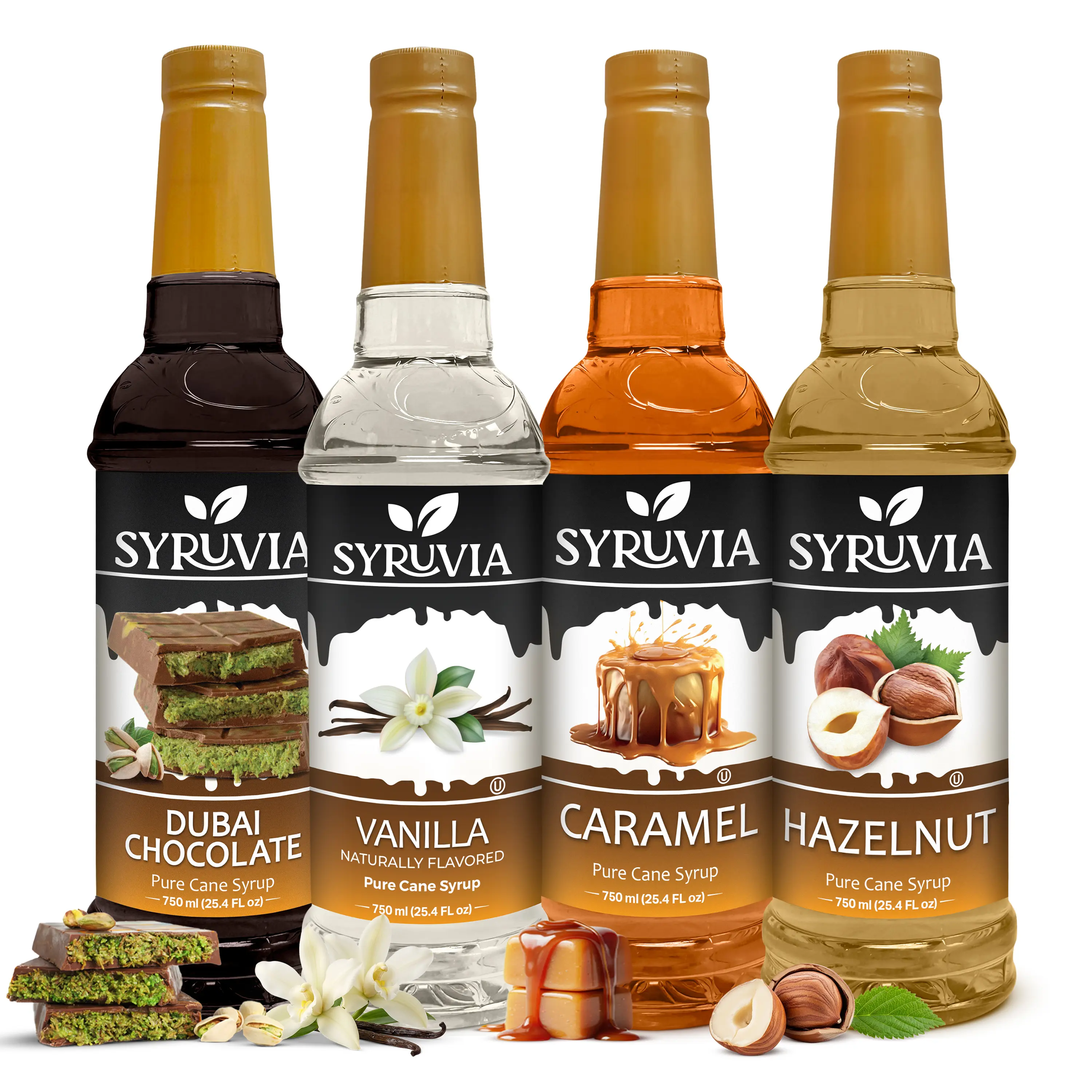 Syruvia Coffee Syrup Variety Pack – Dubai Chocolate, Vanilla, Caramel & Hazelnut Flavored Syrup – Perfect for Hot Coffee, Iced Coffee & Desserts – 25.4 Fl oz Bottles (4 Pack)