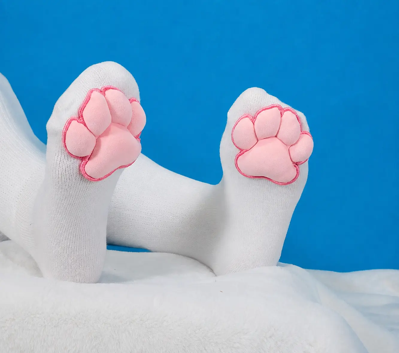 Mochi Stuffed Puffy Pink Cat Paw Pad Beans on White Thigh High Stockings