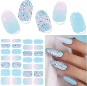 Semi Cured Gel Nail Strips (Summer Blue), 28 pcs UV Gel Nail Stickers for Women Work with Any UV Lamps, Salon Quality Nails Wraps for Home DIY Nails Art