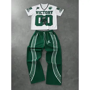 Men’s colorblock graphic print short-sleeve T-shirt and pants set; casual V-neck tee and pants; summer menswear outfit set for men