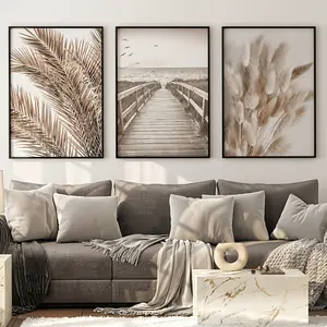 3 Pieces Frameless Bohemian Modern Wheat Reed Plant Painting Beige Landscape Lake Pier Vintage Painting Rural Aesthetic Print Canvas Wall Art Modern Wall Poster Girl Bedroom Decoration