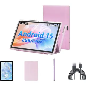 Android 15 Tablet 10 Inch with Keyboard Case 8GB RAM 64GB ROM 1TB Expandable 2.4G 5G WiFi 6 6000mAh Bluetooth GMS 8MP Camera Pink