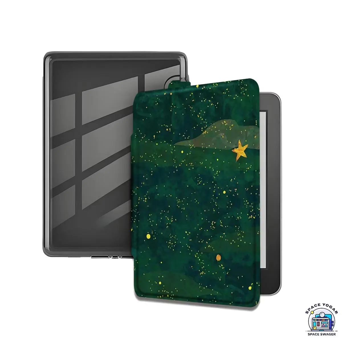 Green star-designed protective case,  Kindle Paperwhite (12th/11th/10th/8th/7th/6th/5th generations - 2024/2025) | Ultra-clear, soft, transparent TPU back cover with charming illustrations and a wrist strap, perfect for bridal gifts