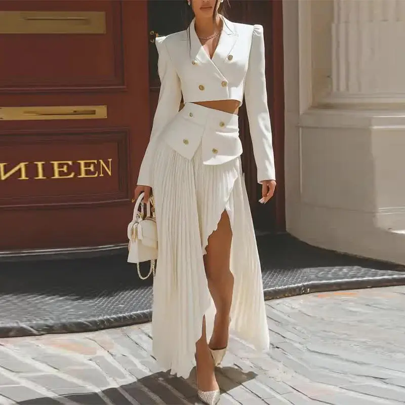 Womens Elegant Midriff-baring High-waisted Slit Pleated Skirt Two-piece Set