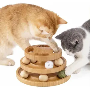 Cat Ball Track Toy with Puzzle Top and DIY Bell, Wooden Cat Toy Suitable for Indoor Cats, Interactive Cat Ball Tower for Kitten Exercise and Intelligence Development