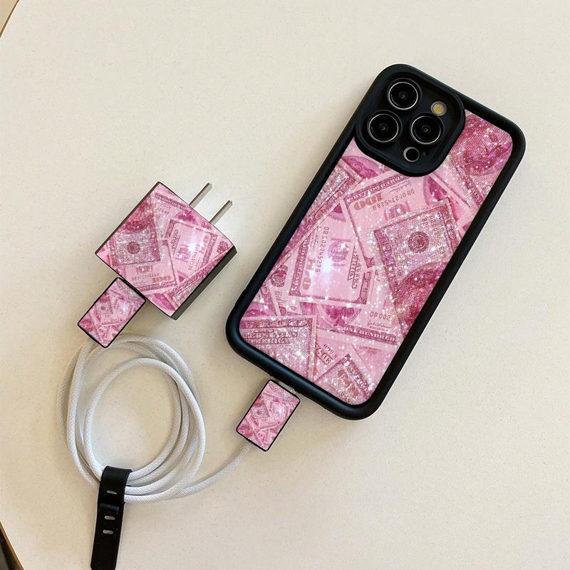 Pink Money Pattern Phone Case with Charger Head Cover & Cable Protector & Storage Rope, Anti-drop Cellphone Protective Case, Total Protective Phone Cases for iPhone, Casing