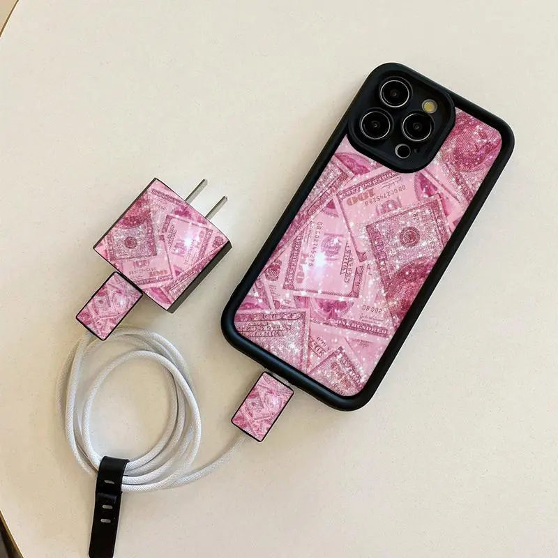 Pink Money Pattern Phone Case with Charger Head Cover & Cable Protector & Storage Rope, Anti-drop Cellphone Protective Case, Total Protective Phone Cases for iPhone, Casing