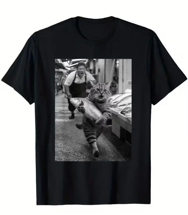 Featuring a Humorous Design of a Cat Stealing Fish T-shirt, Perfect for Casual Outdoor Wear, tops unisex shirt, 100% cotton