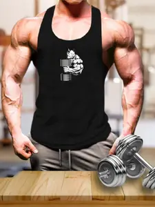 Men's Rhino Weightlifting Graphic Fitness Tank Top, Sporty Loose-Fitting Sleeveless Shirt, Muscle Building Workout Wear, All Seasons