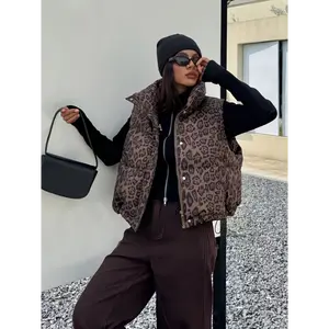 Women's Leopard Print Zip Front Quilted Vest Jacket, Winter Coat Women Clothing Short Warm Sleeveless Top