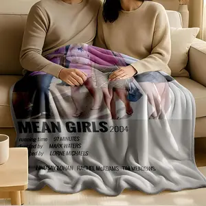1 piece Mean Girls 2004 movie still, starring Lindsay Lohan and Rachel McAdams themed flannel blanket - Oversized comfortable flannel sofa blanket, suitable for beds and sofas, modern geometric pattern design, all-season use, digital printing, 100%