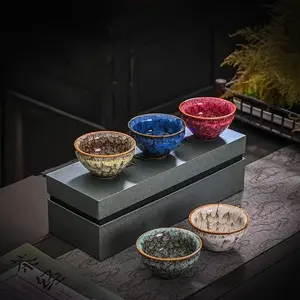 A set of handmade ceramic teacups (five pieces), kiln-fired five-element Kung Fu teacups, available in five stylish colors, beautifully designed gift box, suitable as a gift for business partners, friends, and elders.