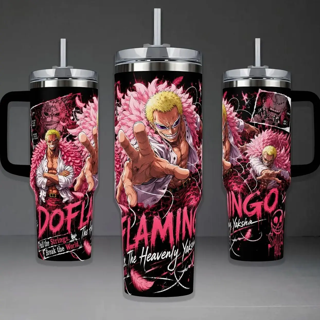 Donquixote Doflamingo Tumbler, OnePiece Heavenly Yaksha 40oz Cup with Handle, Dressrosa King Joker 20oz Stainless Steel Travel Mug, Anime Fan Gift, Doflamingo Inspired Insulated Tumbler Featuring