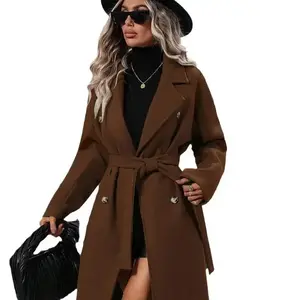 Women Turn Down Collar Thick Midi Length Wool Coat Pockets Casual Full Sleeve Double Breasted Blends Coats 2025 Autumn Winter