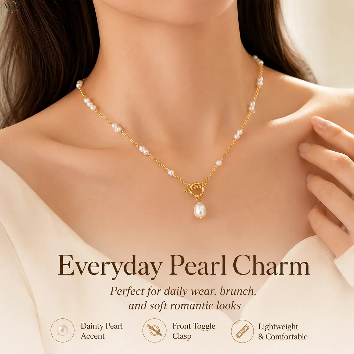 Pearl Toggle Necklace for Women, Elegant Gold Tone Chain with a Shiny Pearl Drop, Delicate Feminine Jewelry, Lightweight for Daily Wear, Pearl Gold Necklaces, Shiny Sparkling Necklaces