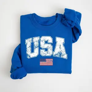 Womens Retro USA Flag Sweatshirt Vintage American Flag Pullover Red White Blue Patriotic 4th of July Crewneck Unisex Cotton Blend Gildan 18000 Brand