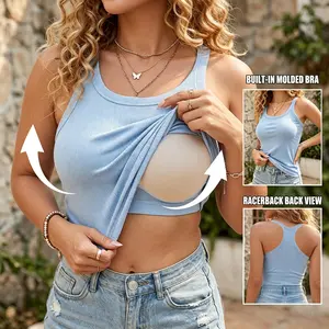 Women's Ribbed Built-in Bra Tank Top | Racerback Cropped Camisole with Removable Pads | Wireless Supportive Workout Yoga Top | Stretchy Athletic Basics Bodyshaper Sleeveless Tee | Comfortable Summer Essential Bra Cami for Everyday Wear Multi-Color Fit Ela