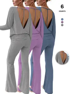 Women's Open Back Loungewear Set, Cross-Strap Detail, Ruched Design, Long Sleeve, Loose Fit, All Season Wear, Casual Style