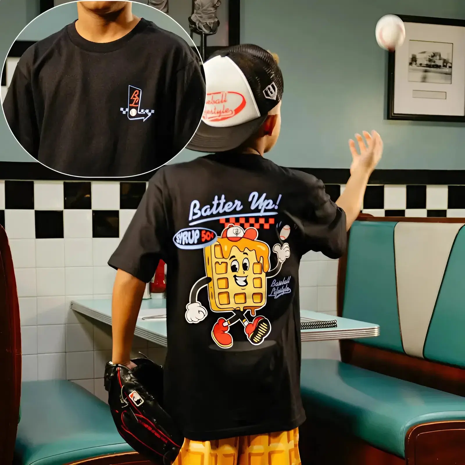 Batter Up Baseball 2-Side Youth T-Shirt, Retro Waffle Baseball Graphic Tee, Funny Baseball Lover Shirt, Vintage Sports Fan Tee,Game Day Gift